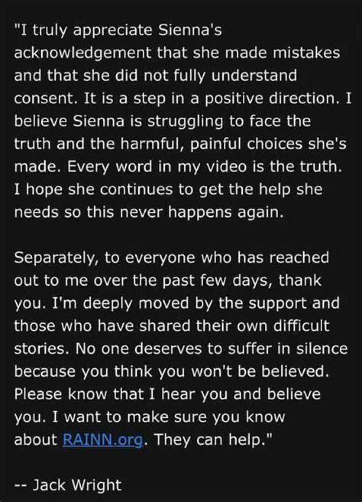 Apology Video Of Sienna Mae On Jack Wright & False Sexual Assault Allegation